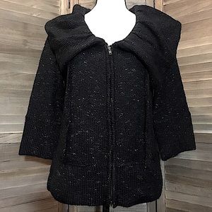 Fever Black Knit Cardigan Sweater with Oversized Collar, Large